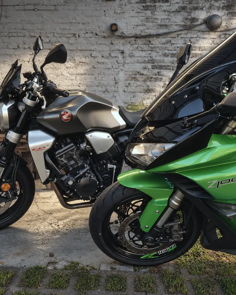 Honda CB1000R gris y Kawasaki Z1000SX verde estacionadas en el patio del taller.